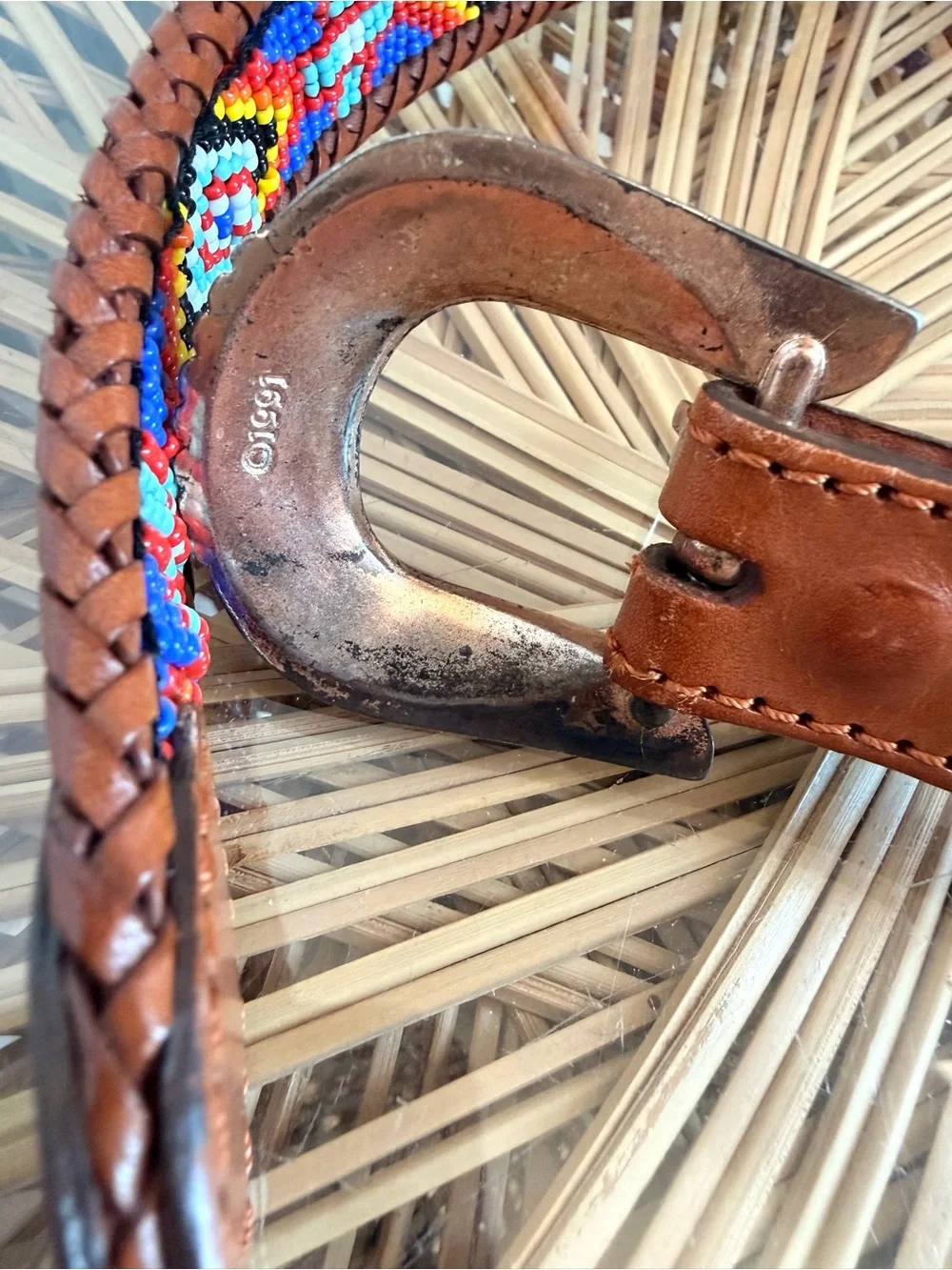 Handcrafted Brown Leather Belt with Multicolor Beaded Accent